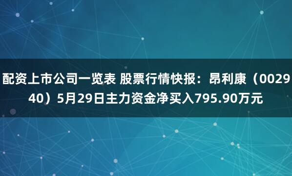 配资上市公司一览表 股票行情快报：昂利康（002940）5月29日主力资金净买入795.90万元